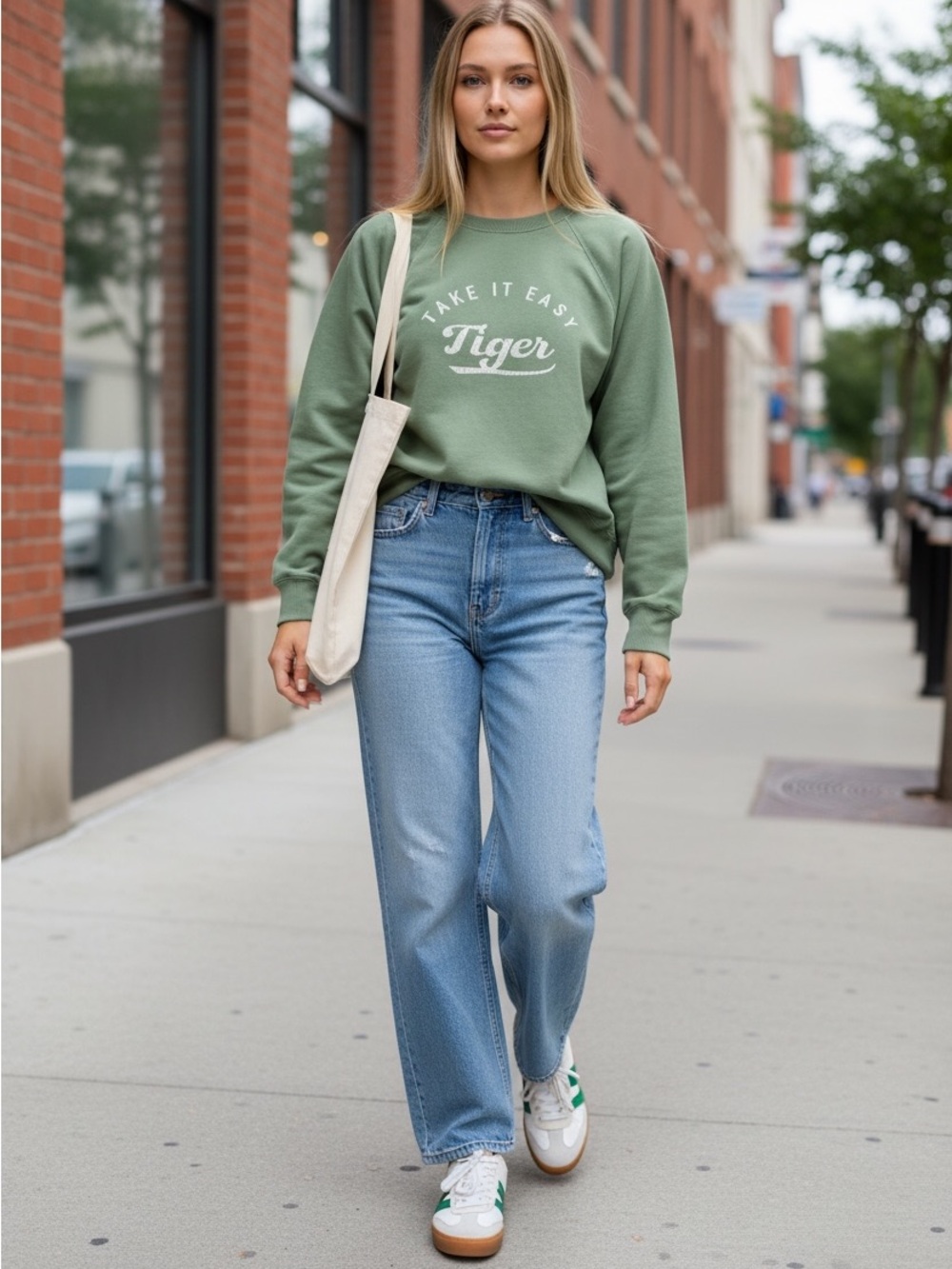 AERIE VINTAGE ‘Take It Easy Tiger’ Green Pullover Soft Oversized Sweatshirt MED